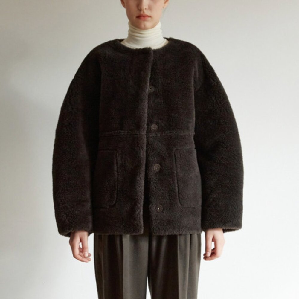 Mohan Faux Shearling Short Coat No Collar Small Dark Brown Reversible